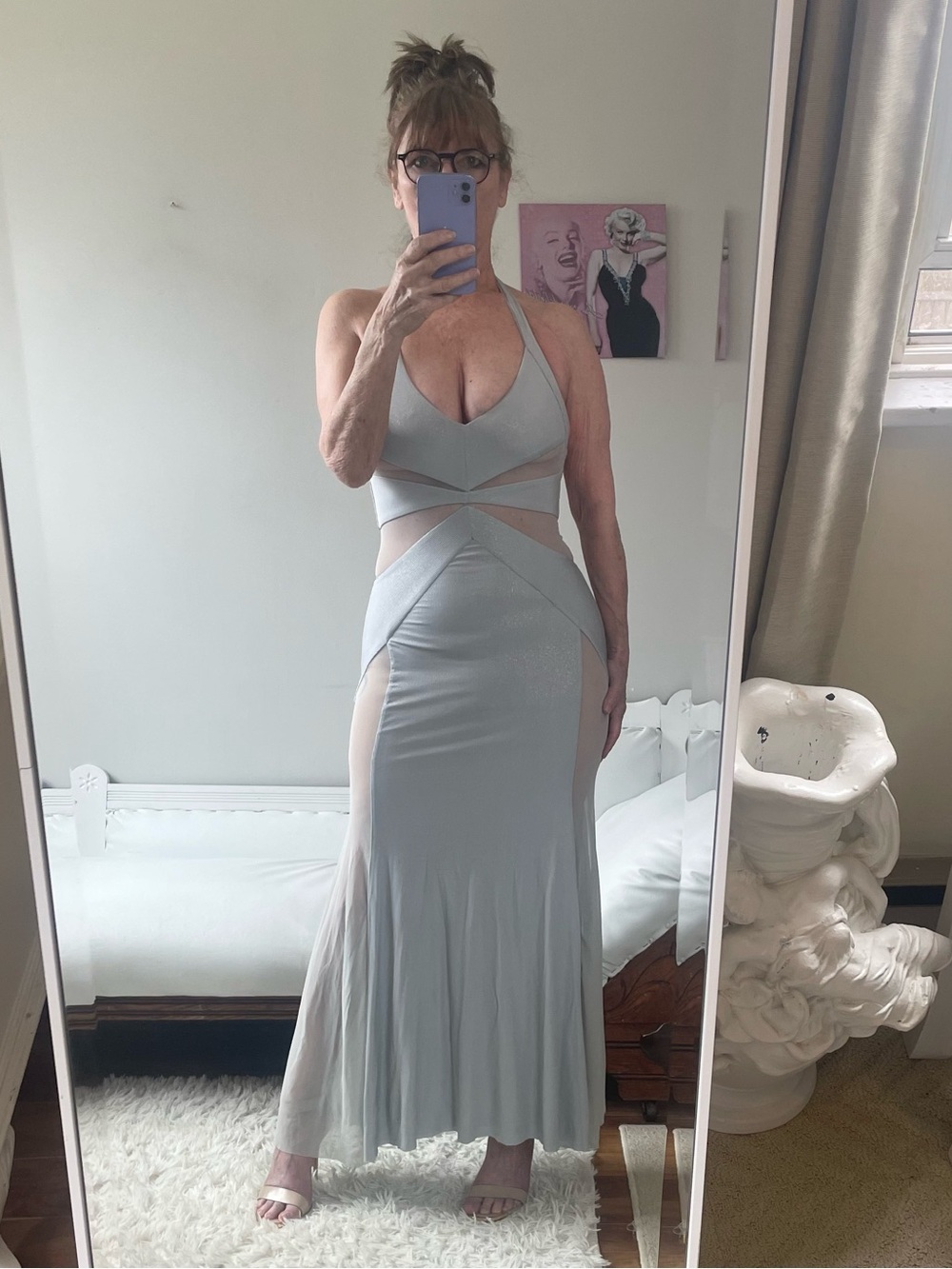 SILVER SHIMMER GREY SHEER HALTER DRESS PANELS LINES METALLIC  SILENCE NOISE